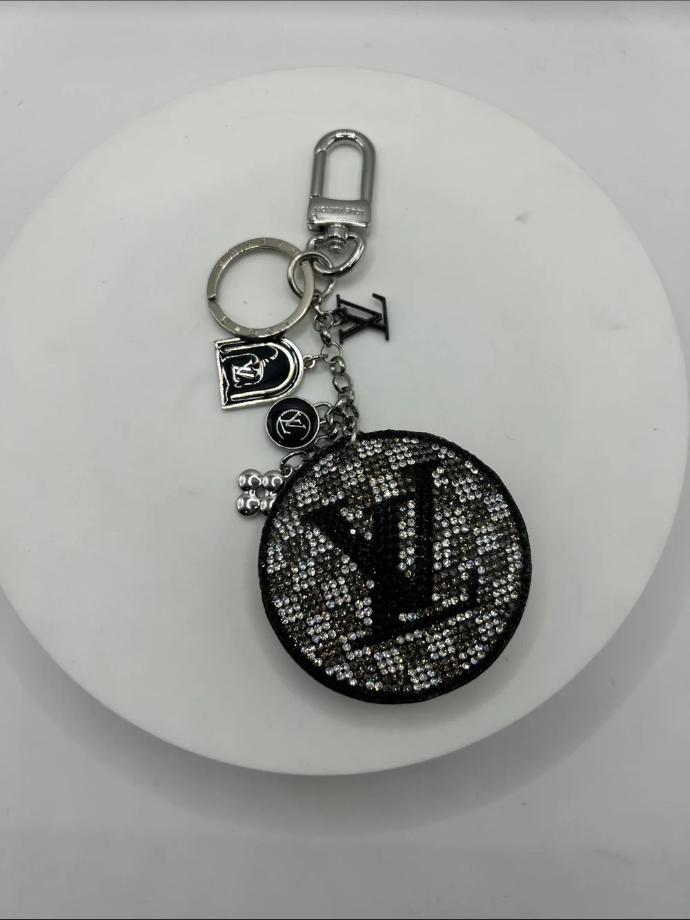 1450. Black and Silver Crystal Monogram Round Key Charm